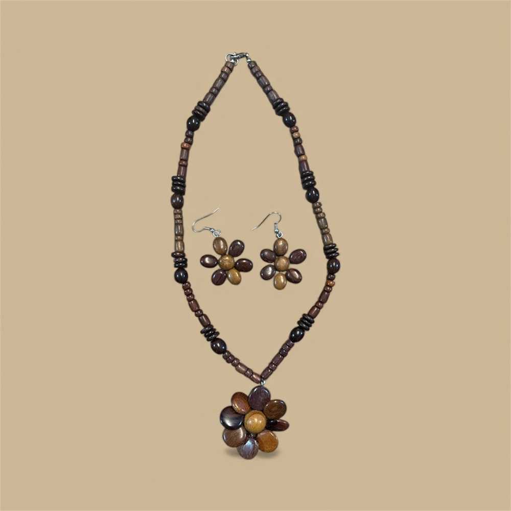 Brown and Tan Beaded Necklace and Earring Set
